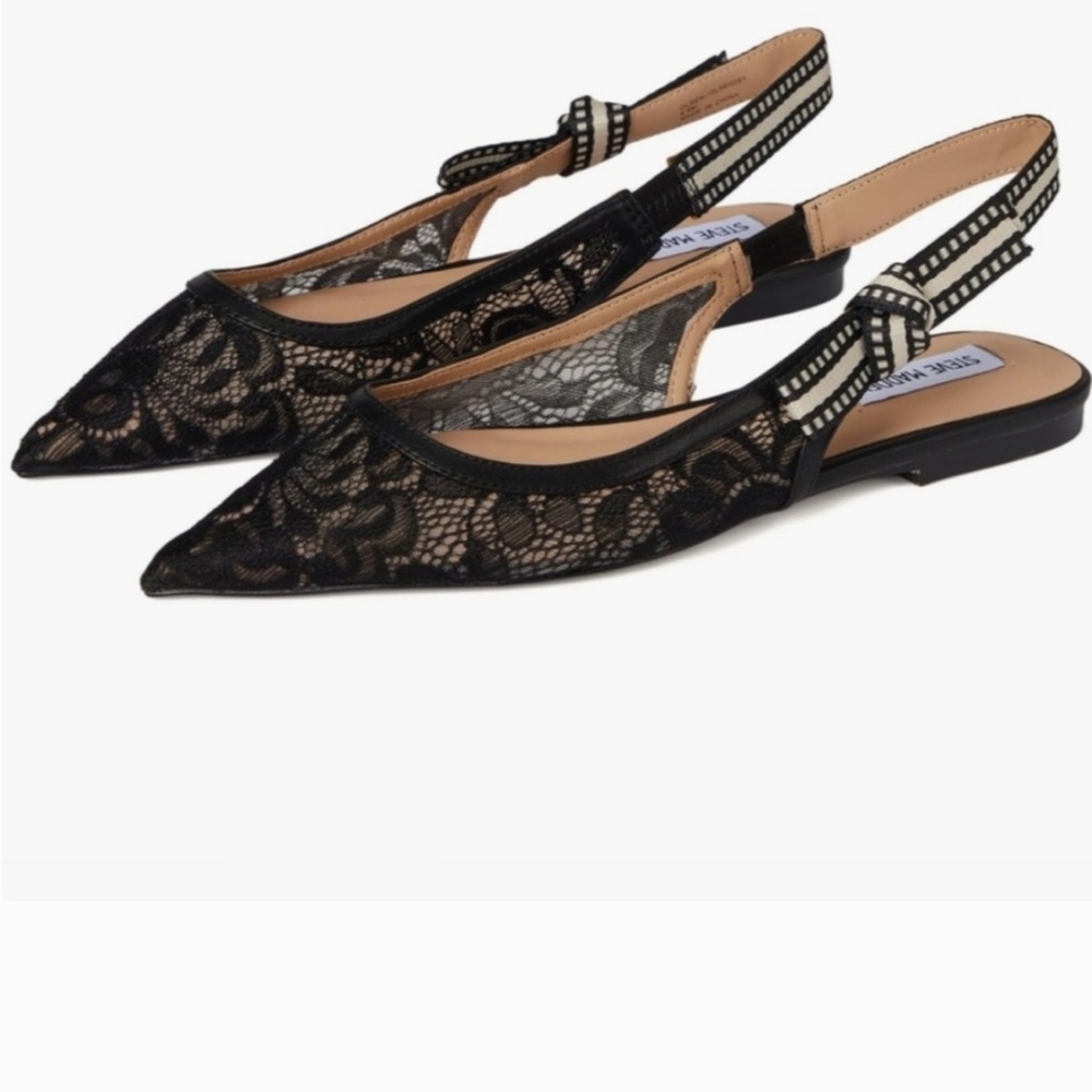Black Lace Pointed Slingback Flats - Women